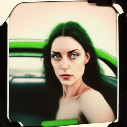 AI generated: hyper-realistic photo of a beautiful woman inside a car, with green eyes and dark hair, staring at t...