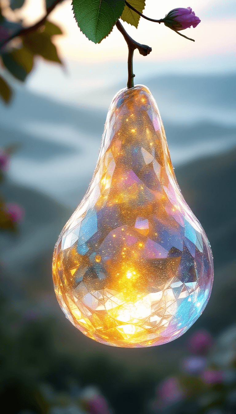 AI generated: ((a delicate big pear)), made of shimmering crystal, hangs from a branch amidst a beautiful dawn. In...
