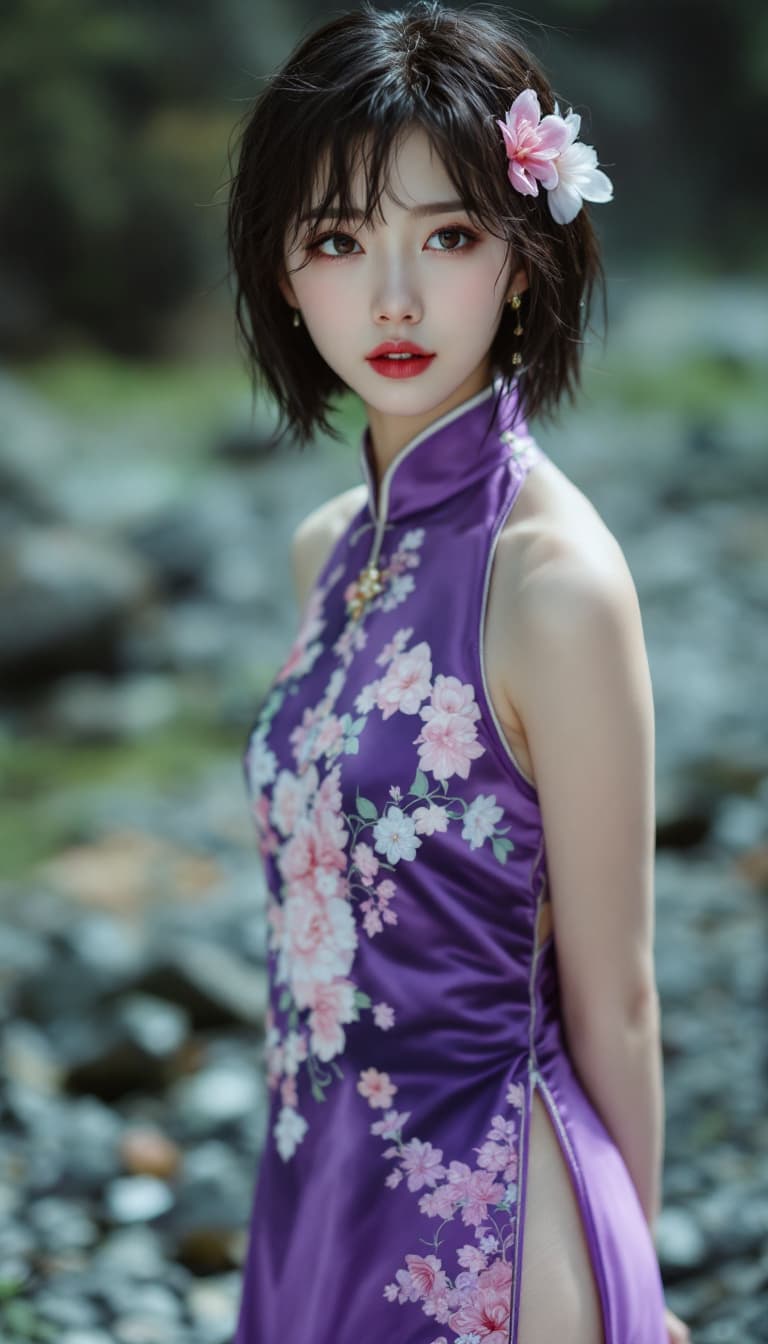 AI generated: Full body view full body shot full-length portrait of a asian beauty barefoot woman, arm behind, cut...