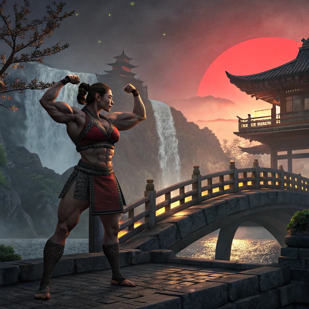 AI generated: Japanese female Samurai. She is massive muscular female heavy weight bodybuilder with a chiseled phy...