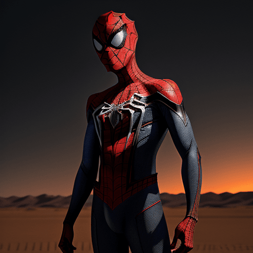 AI generated: Spiderman with bio-illuminated cracks like veins, all over body, standing on an open desert evening