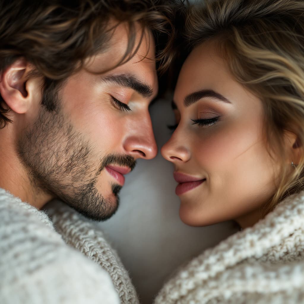 AI generated: A close-up shot of two people lying closely together in an intimate moment. The soft lighting enhanc...