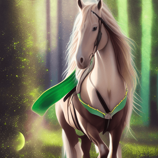 AI generated: Woman with long blonde hair on dark brown horse with black mane in green clothes, saddle and green b...