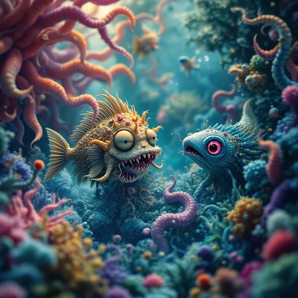 AI generated: A close-up of a lowbrow art piece depicting a surreal, underwater scene. The style is reminiscent of...