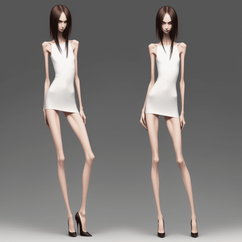 AI generated: extreme beautiful skinny slender (almost anorexic)  girl with skinny slender thighs narrow, in high ...