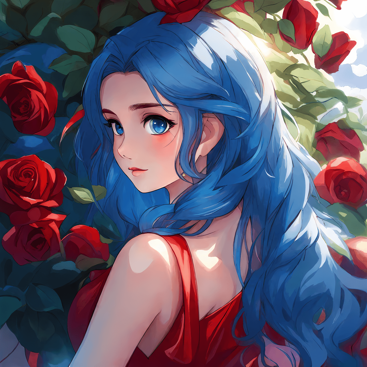 AI generated: ((best quality)), ((masterpiece)), 1girl , blue hair, blue eyes, red dress, red dress in a rose bush...