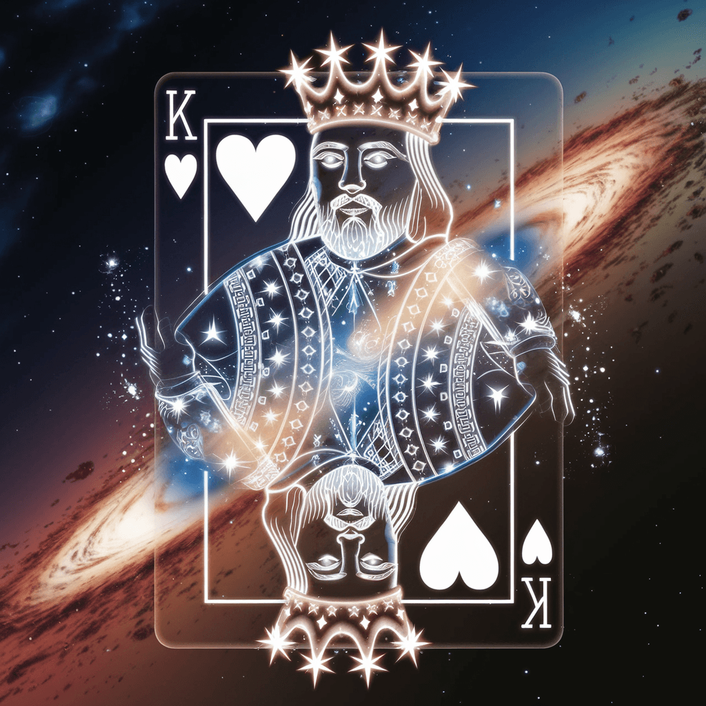 AI generated: The King of Hearts card transforms into a 3D hologram that appears to be made of cosmic energy. As t...