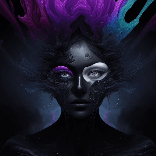 AI generated: Ultra HD,   freeform of colorful ferrofluids covered almost a woman's face, the background is shadow...