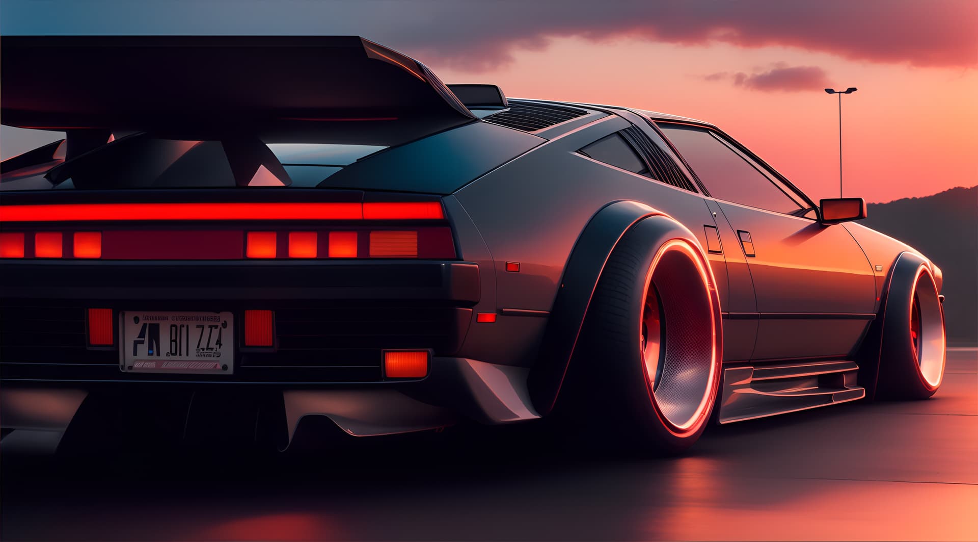 AI generated: Futuristic 1984 Nissan 300zx with wide body that has vents, and custom led tail lights, carbon fiber...