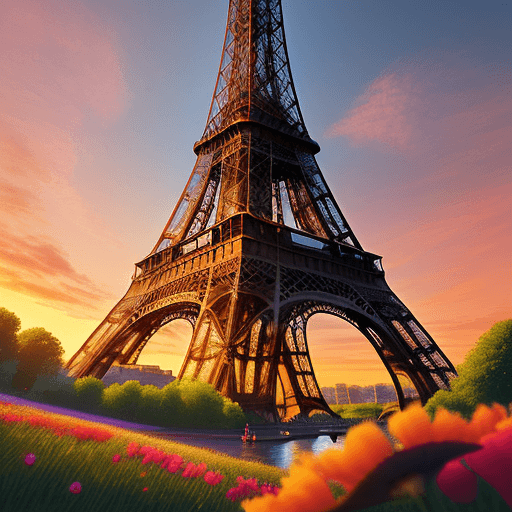 AI generated: The Eiffel tour in the middle of a forst ,countryside, flowers, sunset, sea background, vibrant colo...