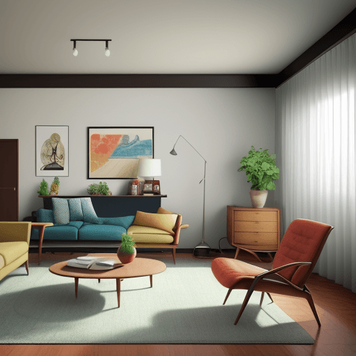 AI generated: photorealistic, perspective view, Mid-Century Modern living room