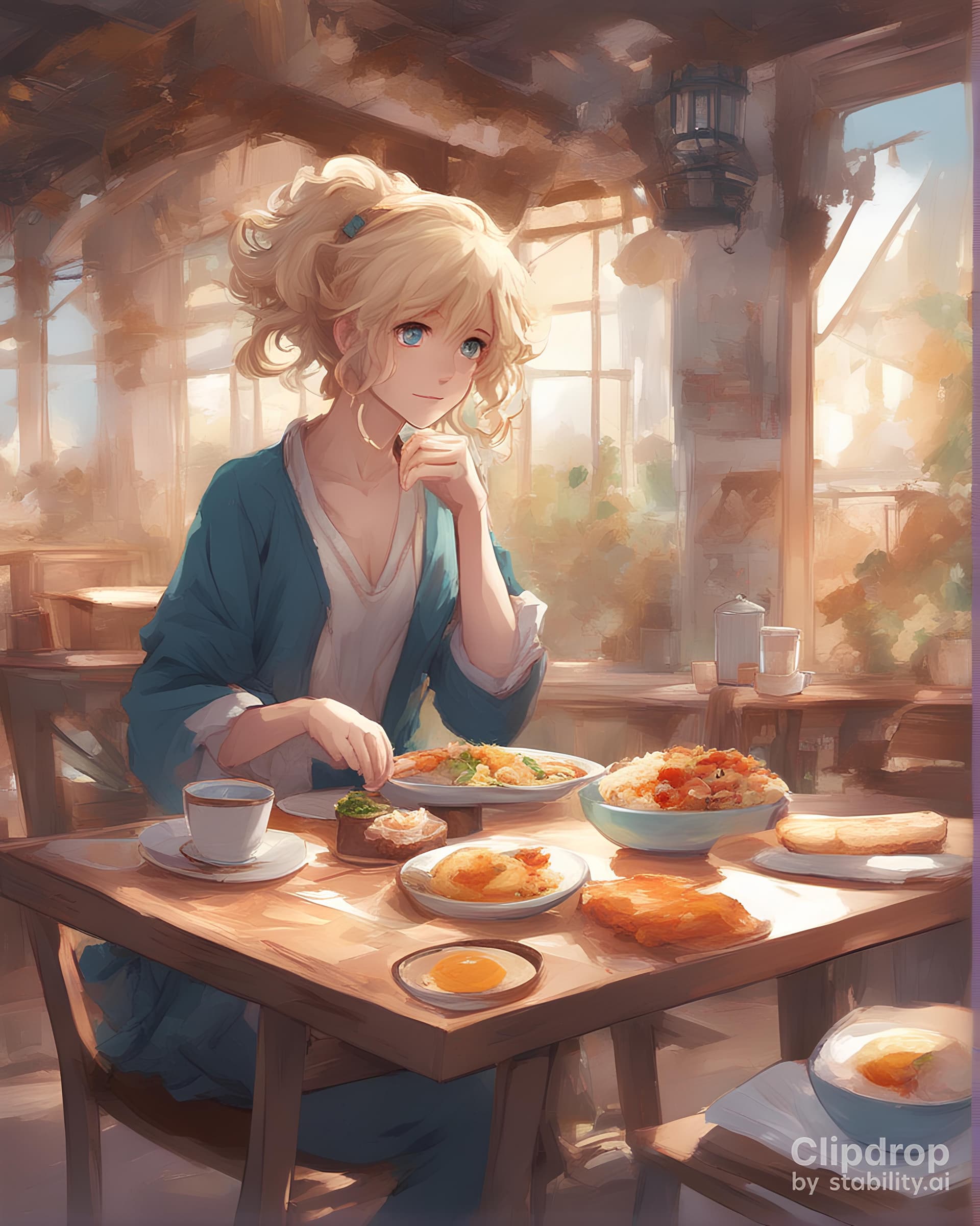 AI generated: a woman sitting at a table with a plate of food, an anime drawing, pixiv, curly blonde hair, oil pai...