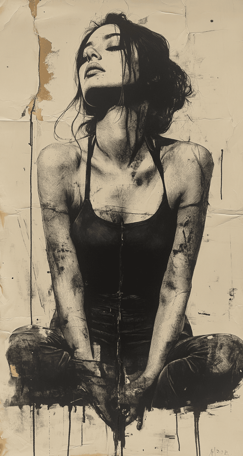 AI generated: Rough charcoal sketch on old paper, beautiful female figure, seductive pose, clean line art --ar 17:...