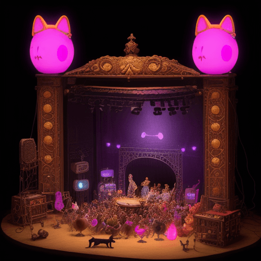 AI generated: musical festival, dogs, cats, musicians, ornate, Dark Fantasy, amigurumi, wide shot, textured, Lo-fi...