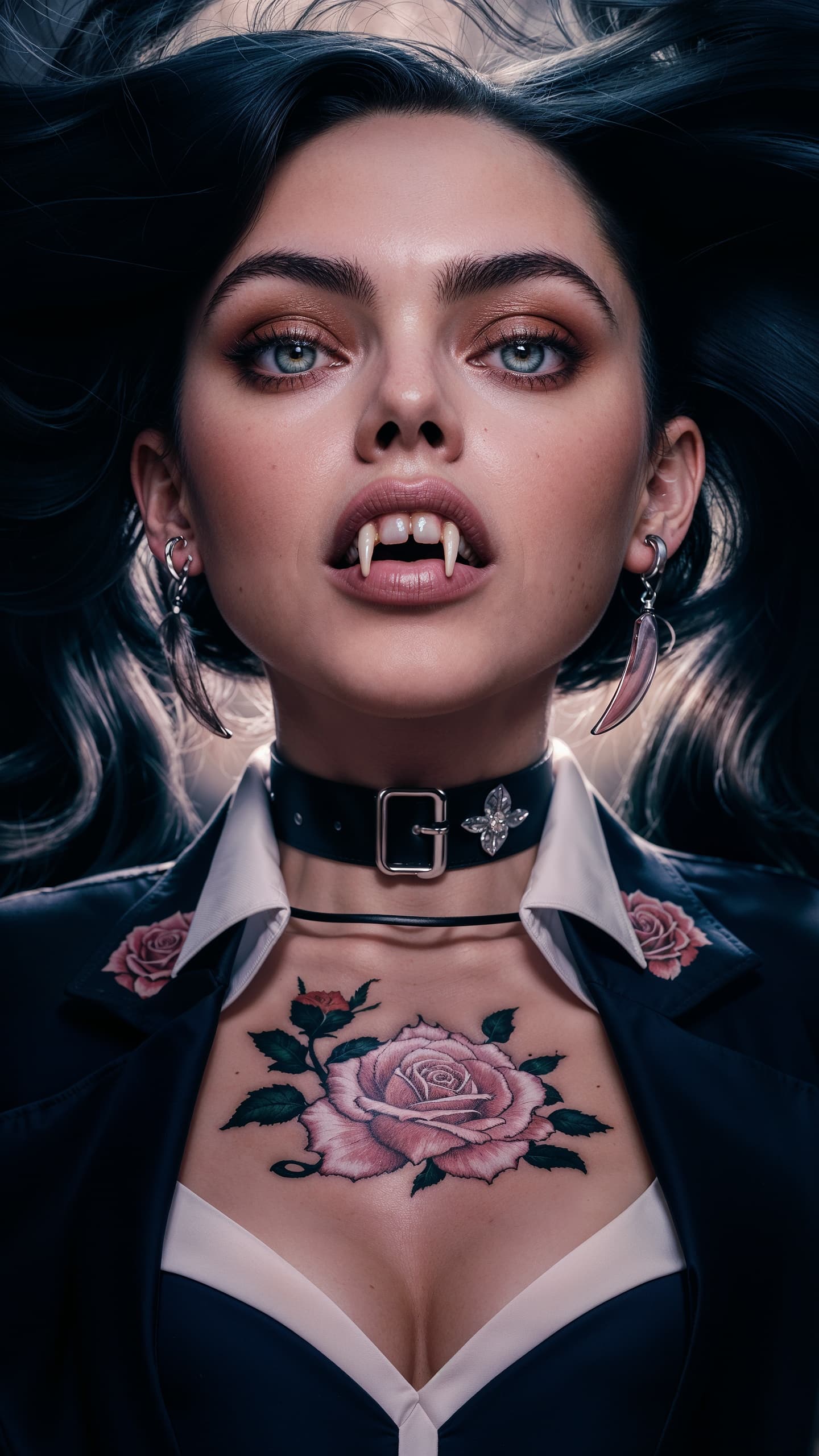 AI generated: A close-up portrait of a woman with striking features. She has long, flowing dark hair, prominent ey...