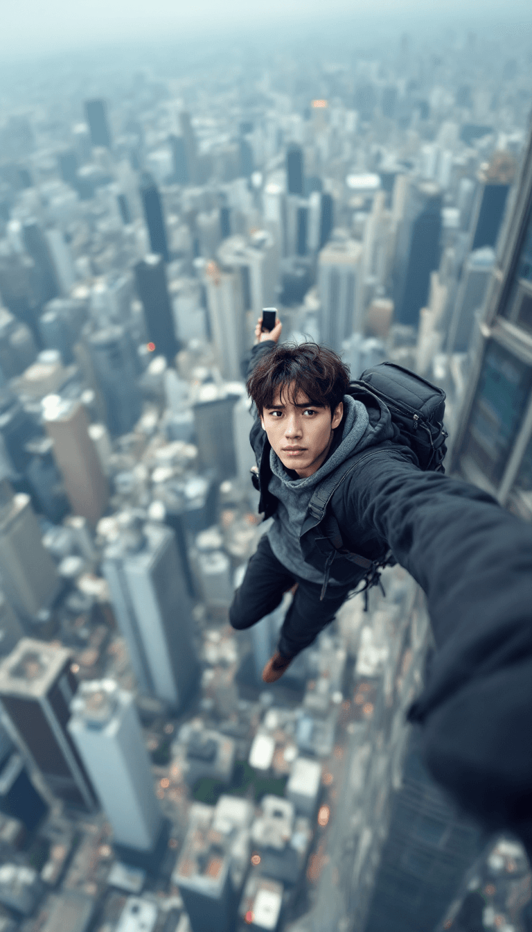 AI generated: Acrophobia composition, a worried Japanese youth hangs from the roof of a skyscraper, clinging to th...
