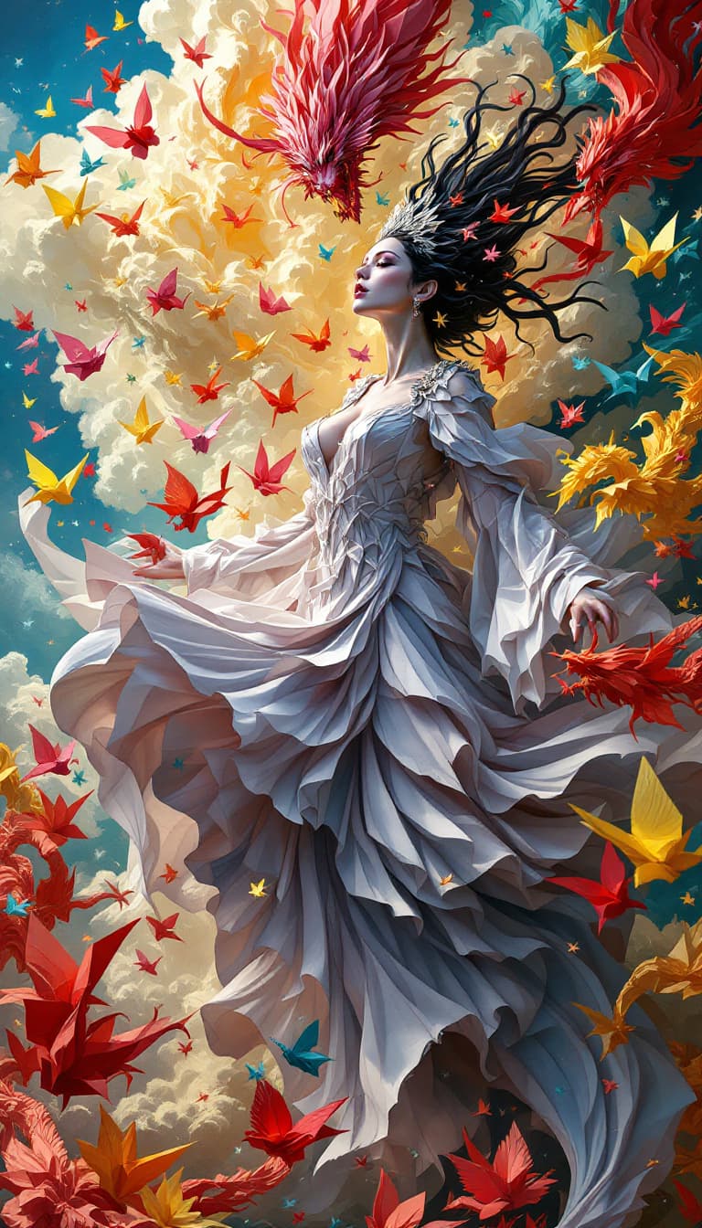 AI generated: 23. A dynamic, full-body depiction of a woman summoning a storm of vibrant, origami creatures that f...