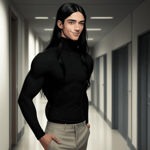 AI generated: A young man, around twenty, with mixed skin, beautiful light blue eyes and long black hair down to h...