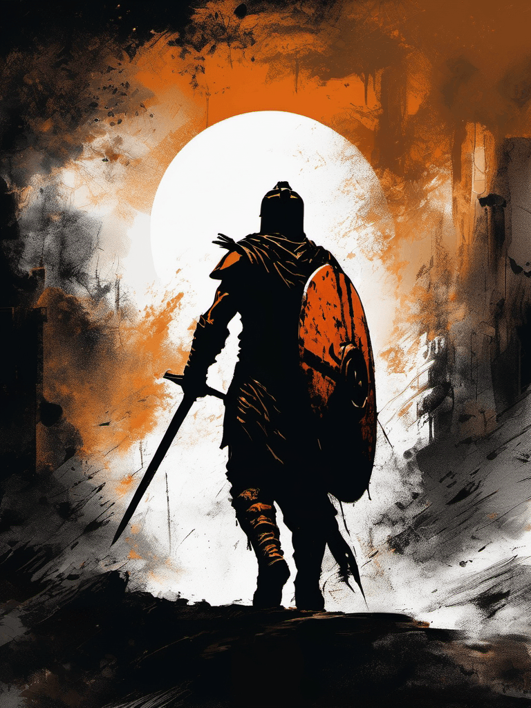 AI generated: silhouette of a warrior beginning his epic journey, in the style of dark orange and black, epic comp...