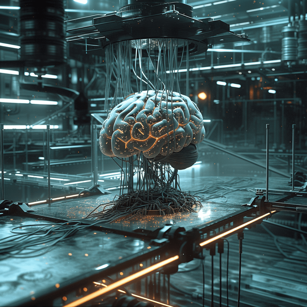 AI generated: 
a mid shot of a cyber translucide brain connected to many cables and wires in a hi-tech lab, doomy...
