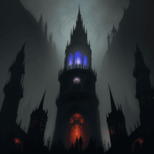 AI generated: Fantastic angle view of a Gothic Hellgate Tower, dim, hell, underworld masterpiece, shadows, expert,...