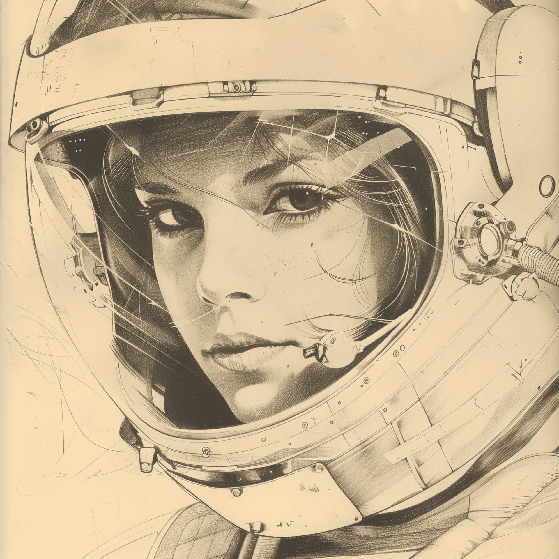 AI generated: A pencil drawing of an attractive woman in a space helmet, in the style of Enki Bilal and Chris Foss...