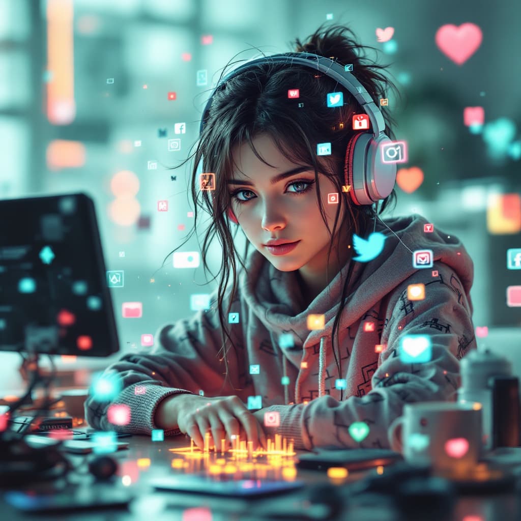 AI generated: a video game character of a young female hacker, surrounded by technology devices that allow her to ...