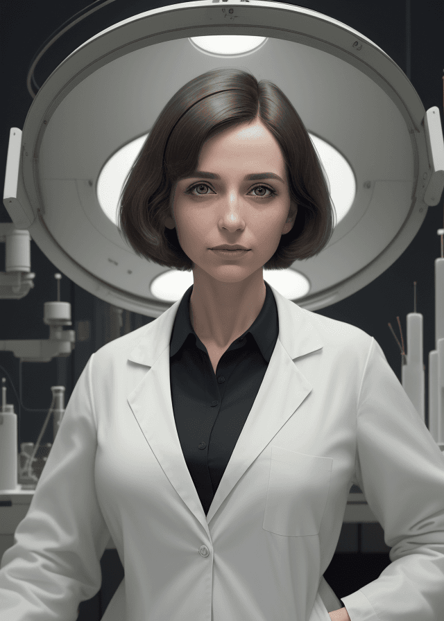AI generated: a confident woman scientist, ((Giorgia soleri)), with a sophisticated bob cut and bright hazel eyes,...
