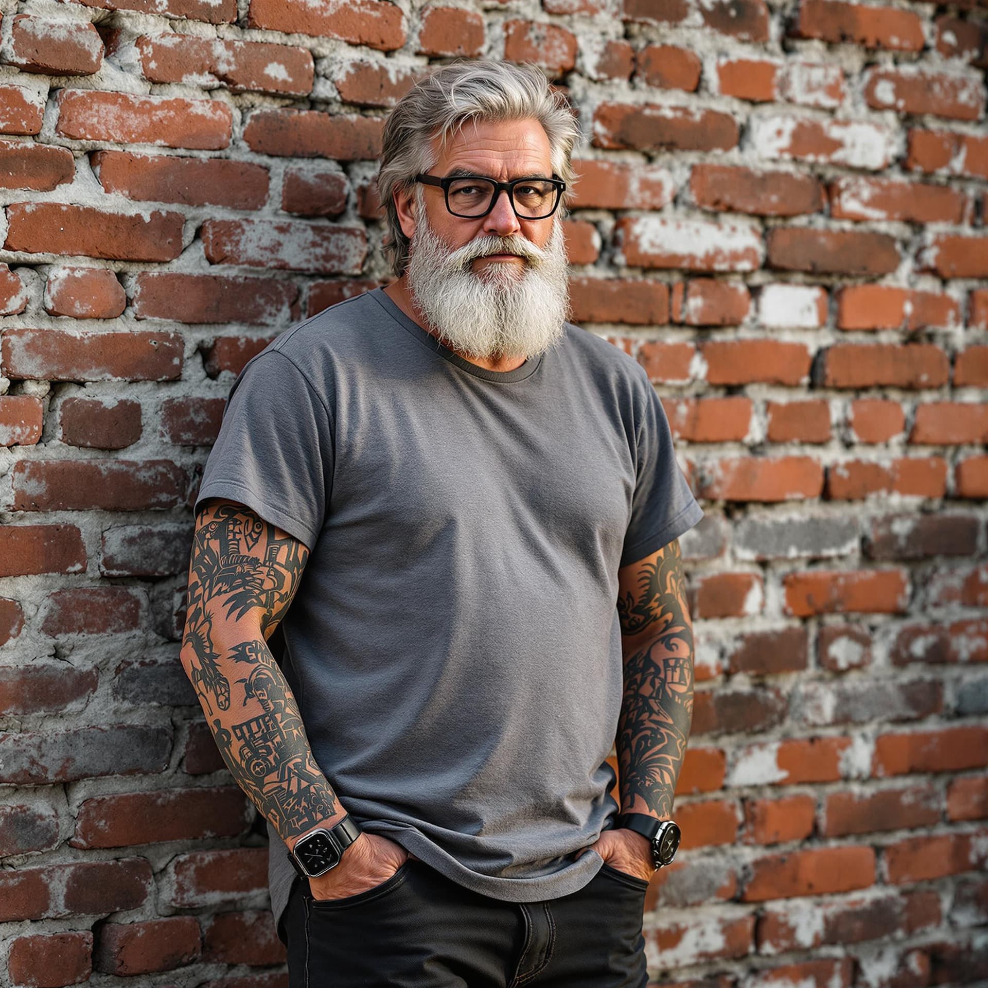 AI generated: photography, full-body, older man with full beard and silverish black hair with arms full of tattoos...