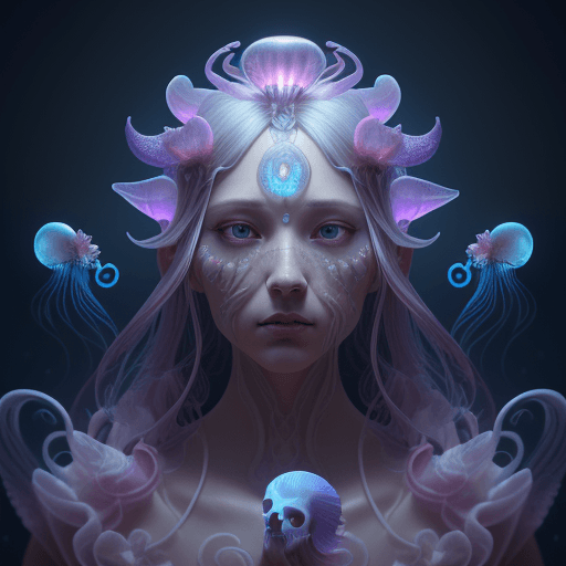AI generated: Goddess close-up portrait ribcagel. jellyfish phoenix head, nautilus, orchid, skull, betta fish, bio...