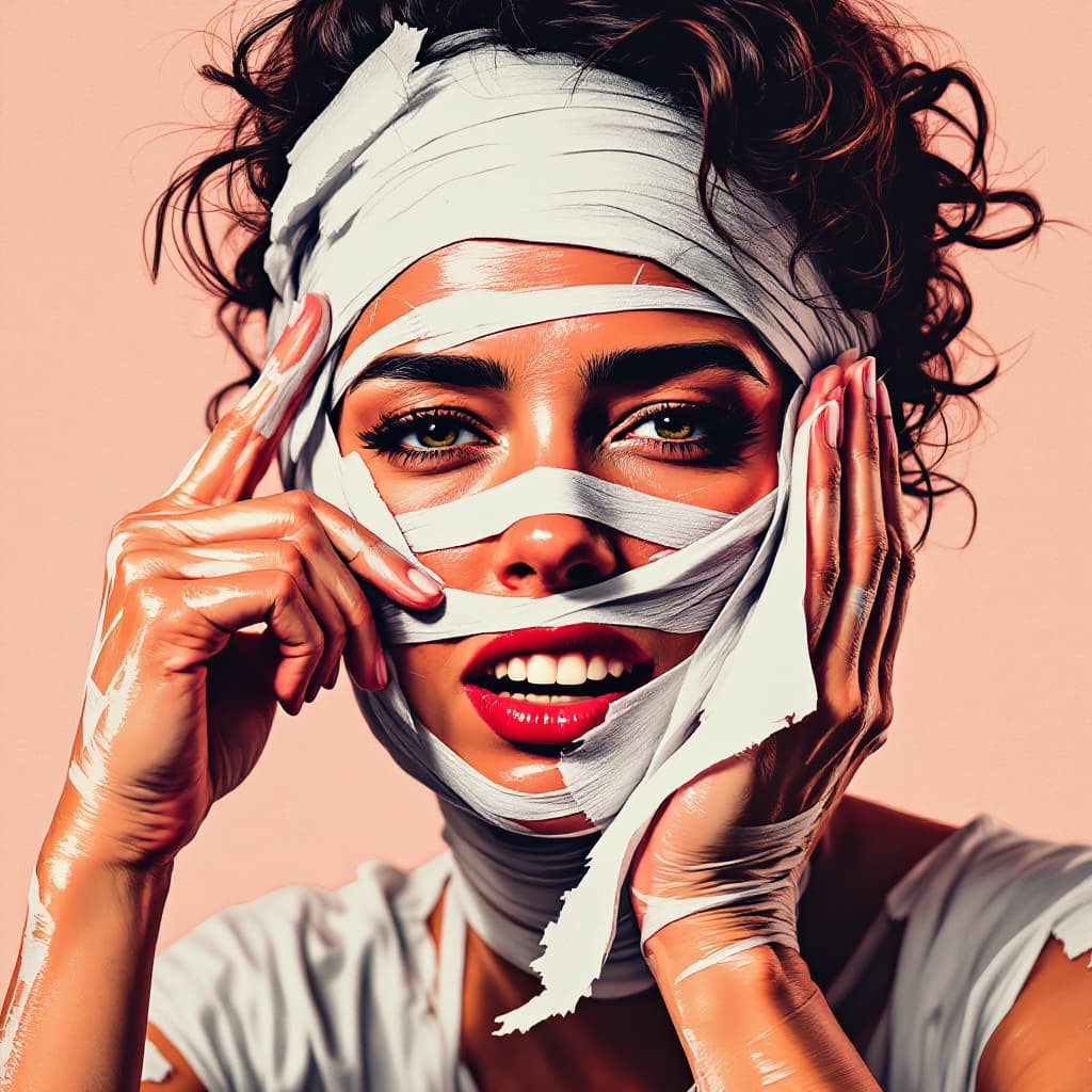 AI generated: An motherly mummy peeling of her bandages in the style of 1960s pop art