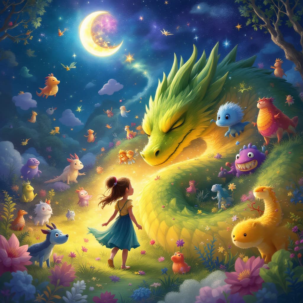 AI generated: vibrant illustration of a young girl named Aoife, entering a fantastical dream world created by a sl...