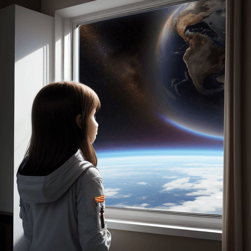 AI generated: girl in earth in his room looking trough the window at the sky because she want to be an astronaut