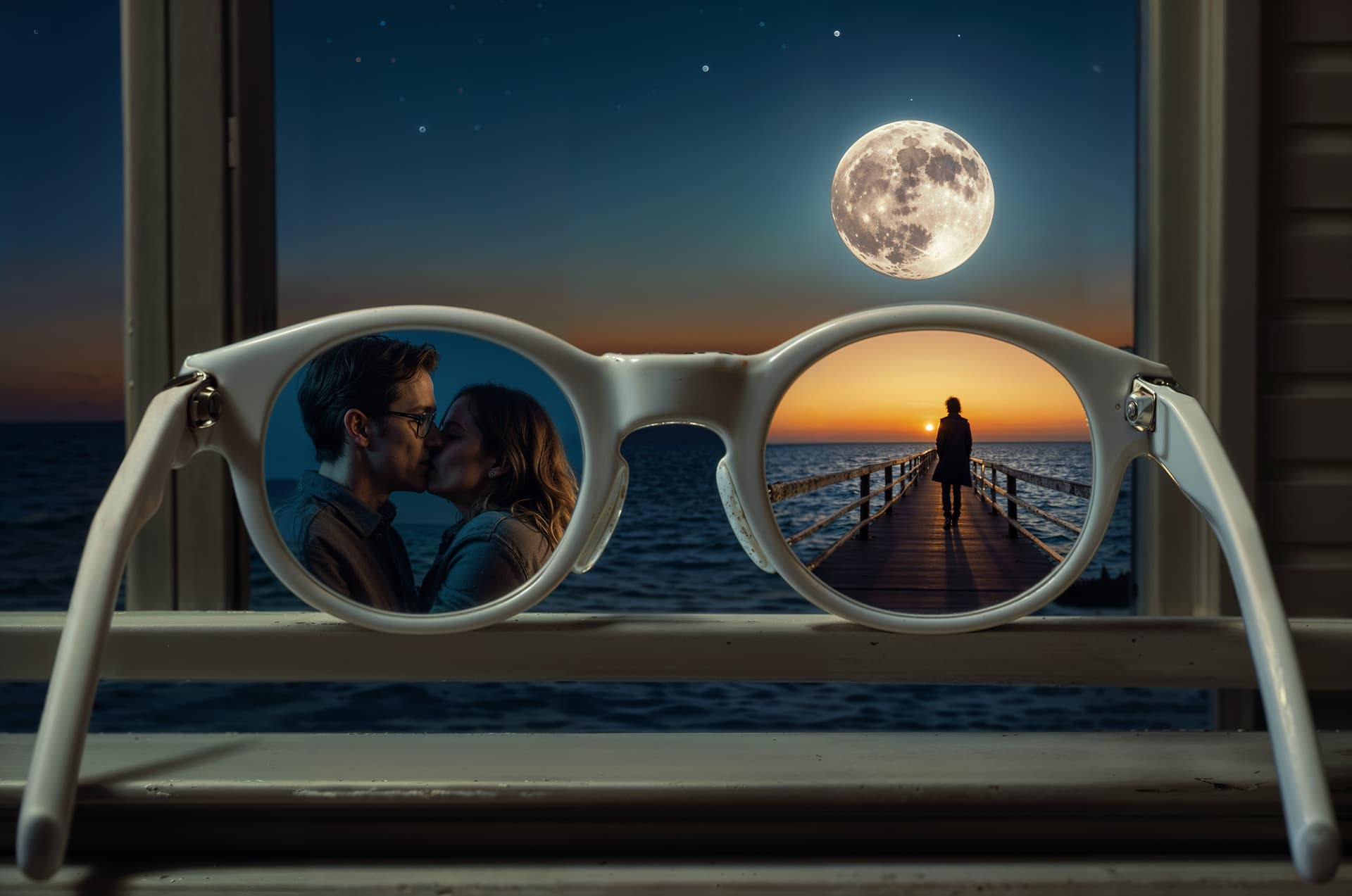 AI generated: A captivating romancecore photo featuring a pair of glasses resting on a window sill illuminated by ...