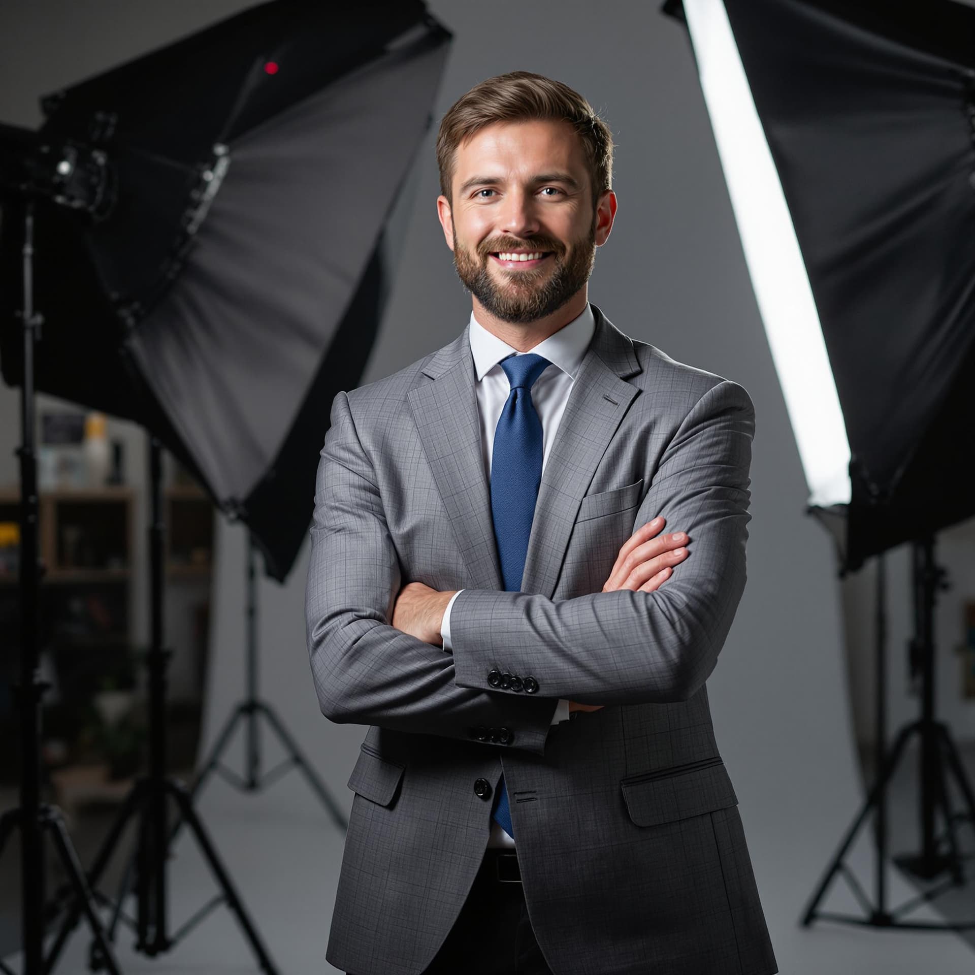 AI generated: business man posing in photography studio against office backdrop