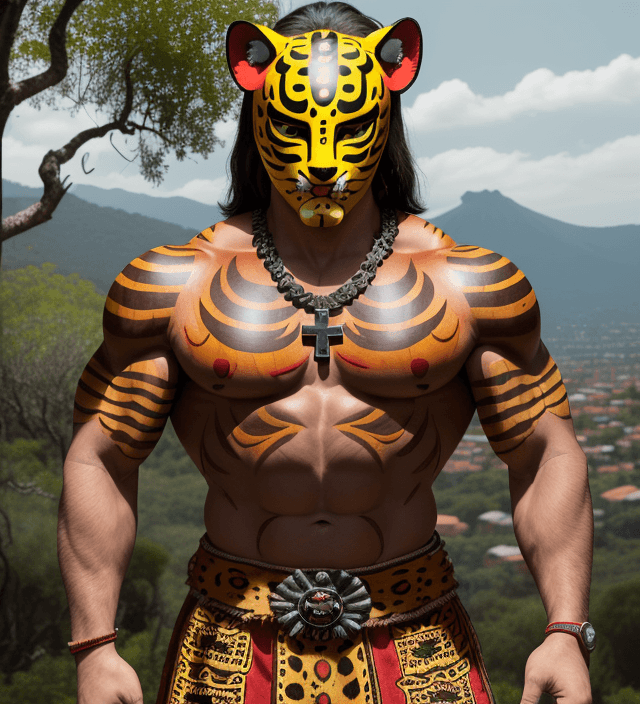 AI generated: muscular man with jaguar warrior helmet type mask with jaguar-style spots, wooden mask, fine wood de...