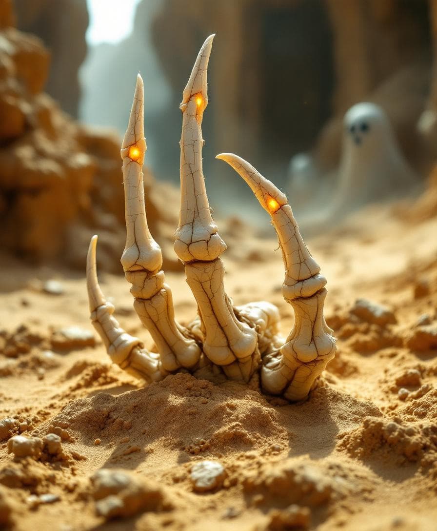 AI generated: claws emerging from golden sand, semi-buried in desert ruins, ancient and bone-like, cracked ivory t...