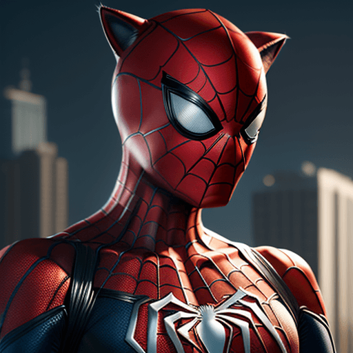 AI generated: cat head anthropomorphic humanoid body, marvel movie poster, spiderman character, red spiderman suit...