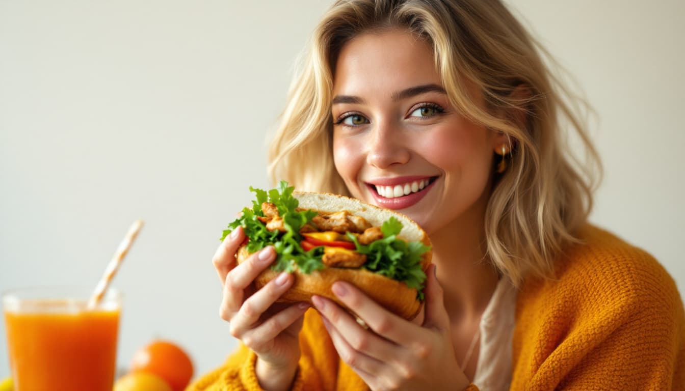 AI generated: Create a realistic and vibrant image of a young and cheerful model enjoying a natural sandwich, in a...