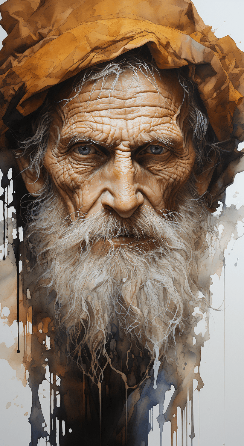 AI generated: portrait of an elderly man with painted face in golden brown with white outline, style of goblincore...