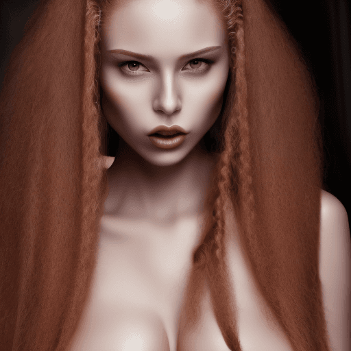 AI generated: DE Sexy elegant woman, black bra, Long braided Ginger hair, blowjob mouth, blowjob lips, topless, pe...