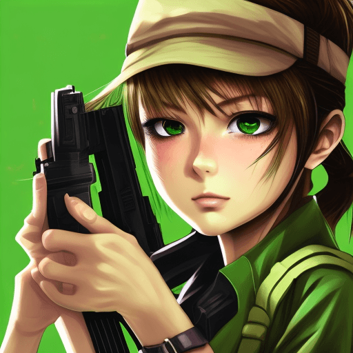 AI generated: a girl holding a gun in her hand, in the style of anime art, light brown and green, strong facial ex...