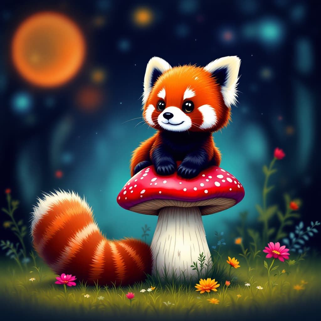 AI generated: cute red panda on mushroom