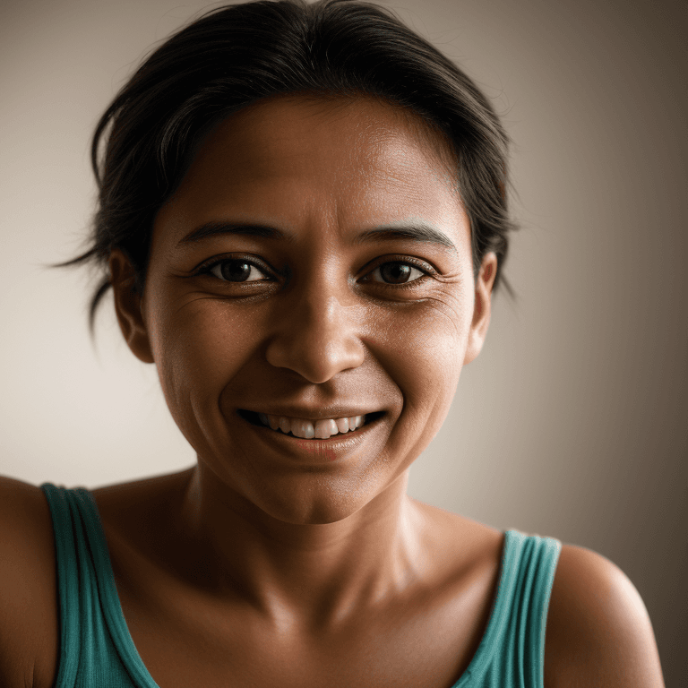 AI generated: hyper realistic headshot photo of a 40 year old brasilian (woman: young boy: 0.5), looking into the ...