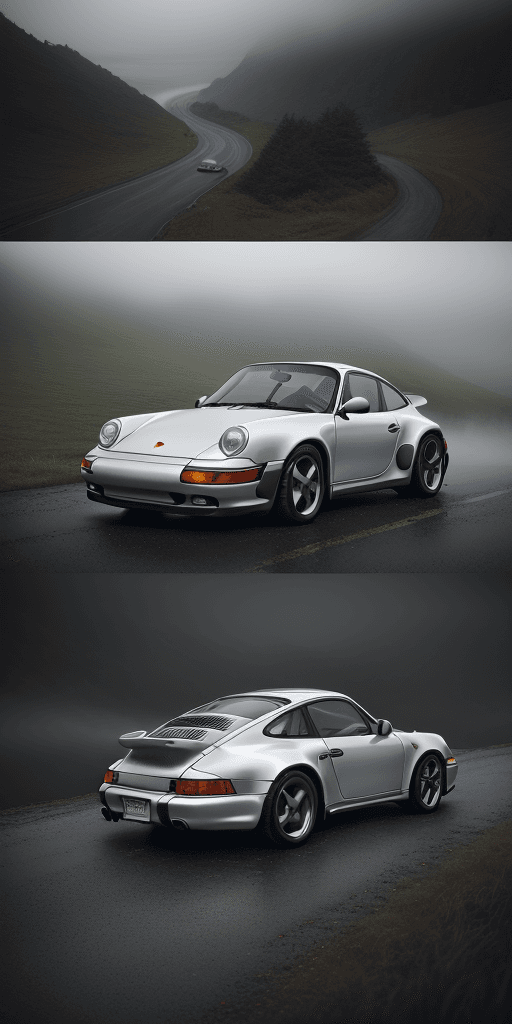AI generated: SUBJECT: 1995 Porsche 911 ADJECTIVES: Timeless, black with silver accents, pristine AMBIENCE/ENVIRON...
