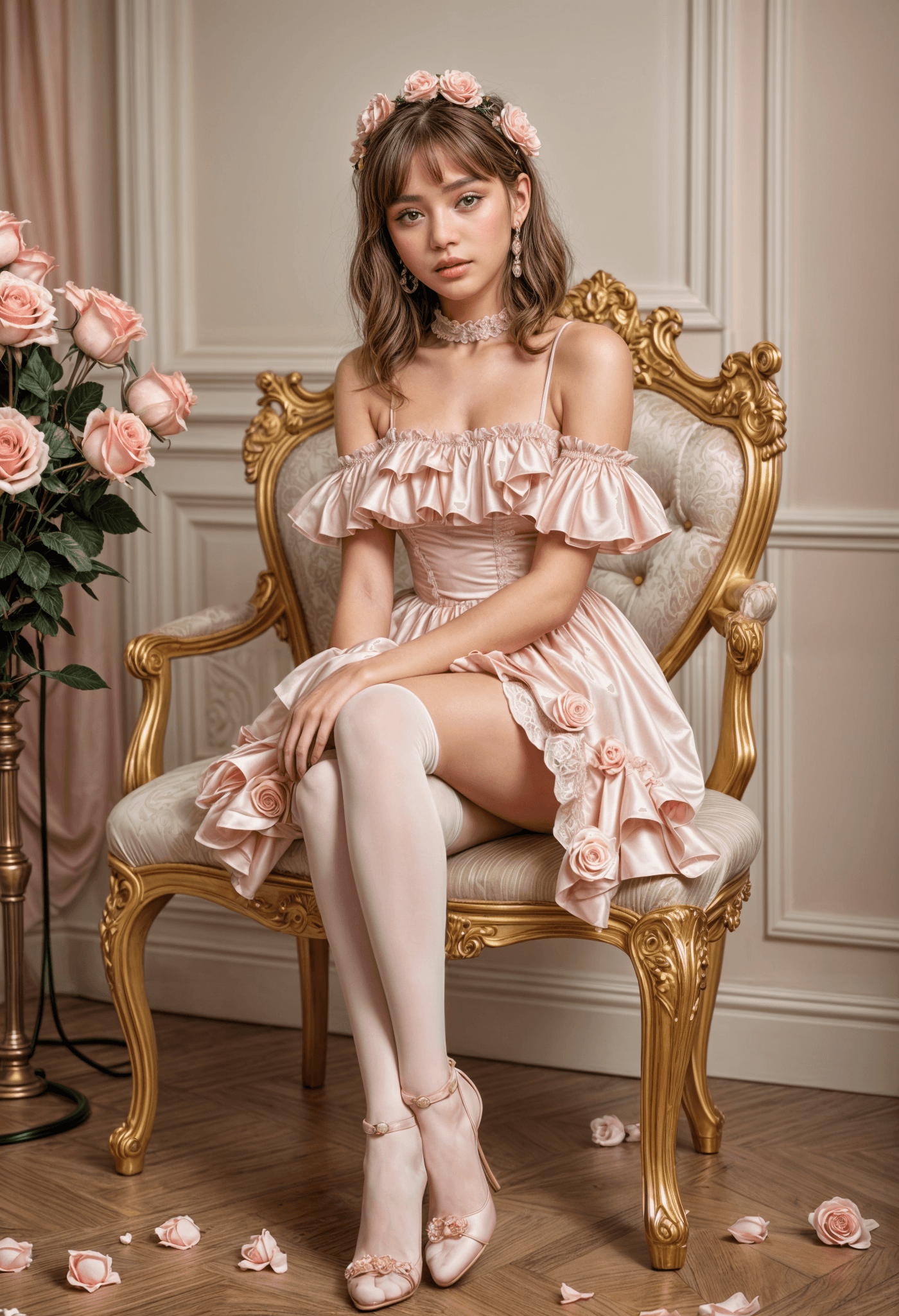 AI generated: in a luxurious ambiente, young lingeriemodel,overknee,overarm,little,pastell coloured,roses,cute smi...