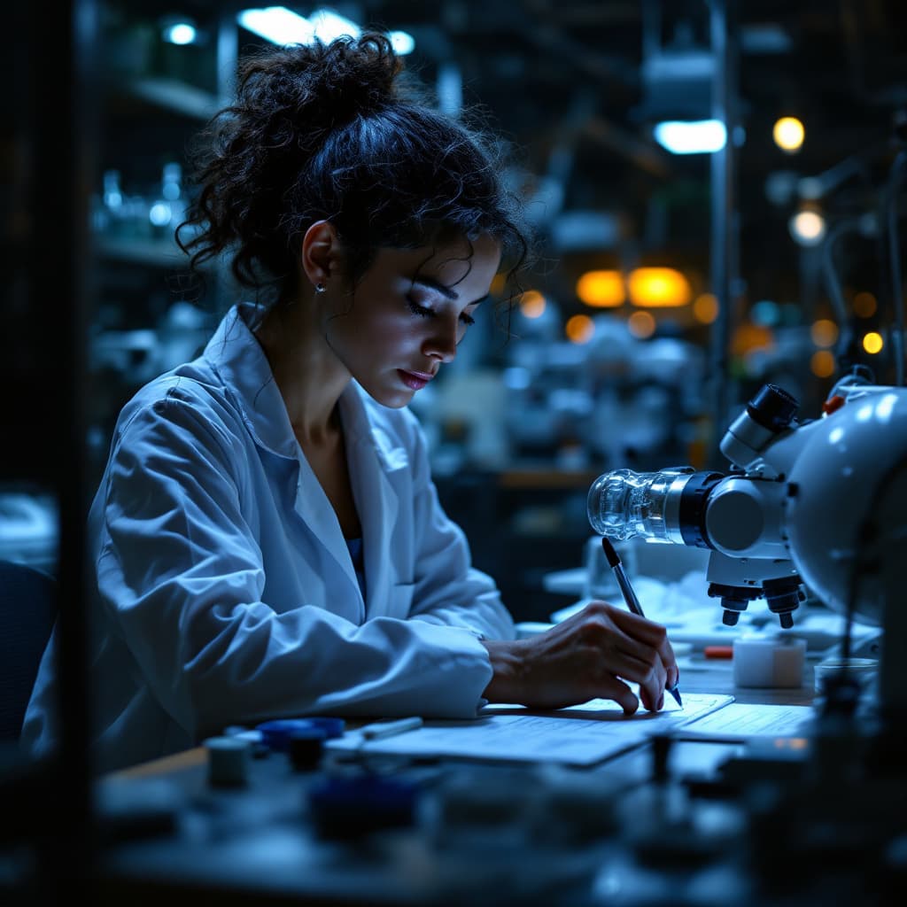 AI generated: photography 
young scientist woman working,
photorealistic, realistic light, wide angle, kinkfolk ph...