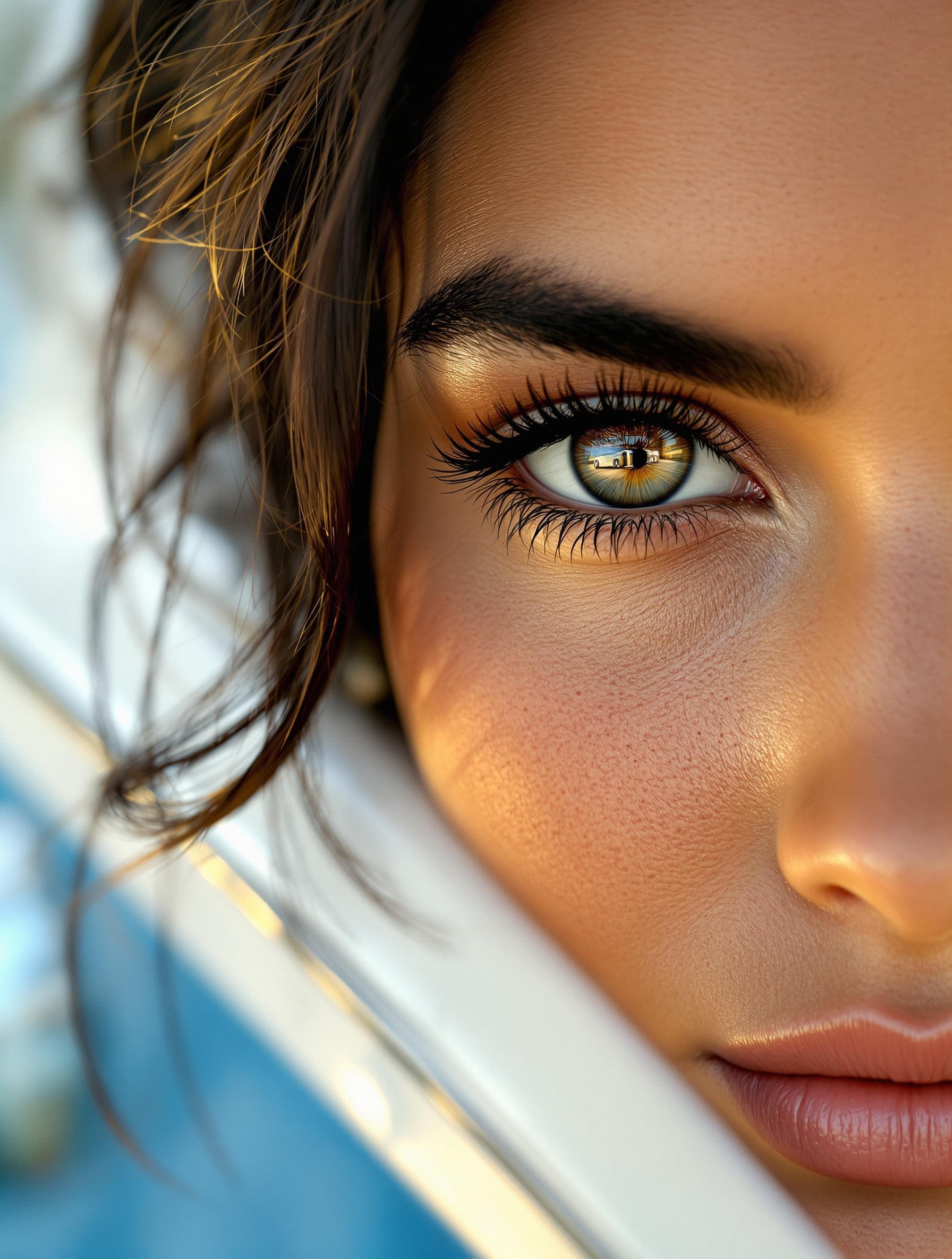 AI generated: a photo realistic close up photo of a beautiful Brazilian dark haired woman's  full face and eyes. T...