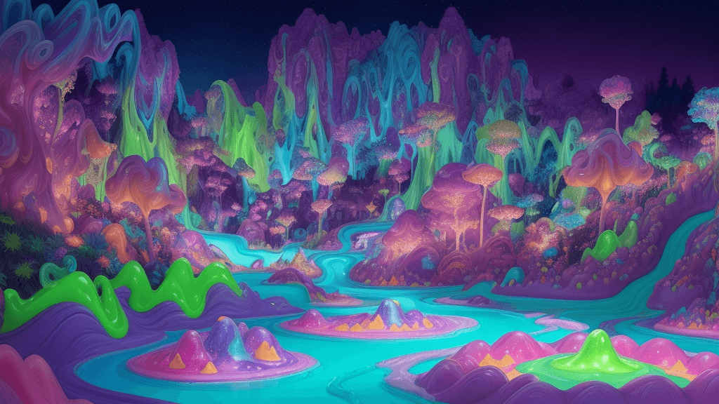 AI generated: A vibrant scene featuring a fantastical landscape of undulating hills made entirely of colorful slim...