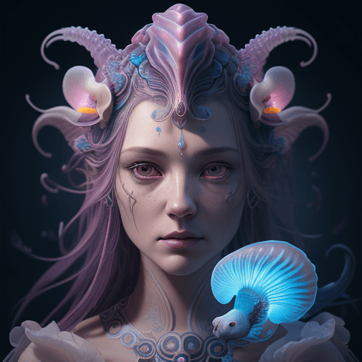 AI generated: Goddess close-up portrait ribcagel. jellyfish phoenix head, nautilus, orchid, skull, betta fish, bio...